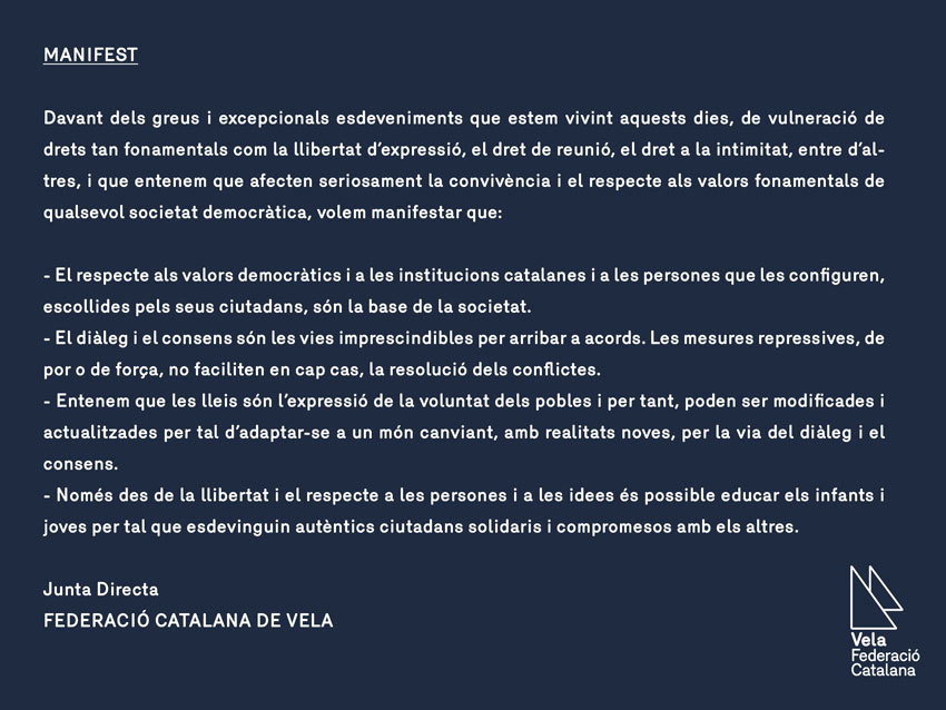 La Federación Catalana de Vela se manifiesta a favor del 1-O